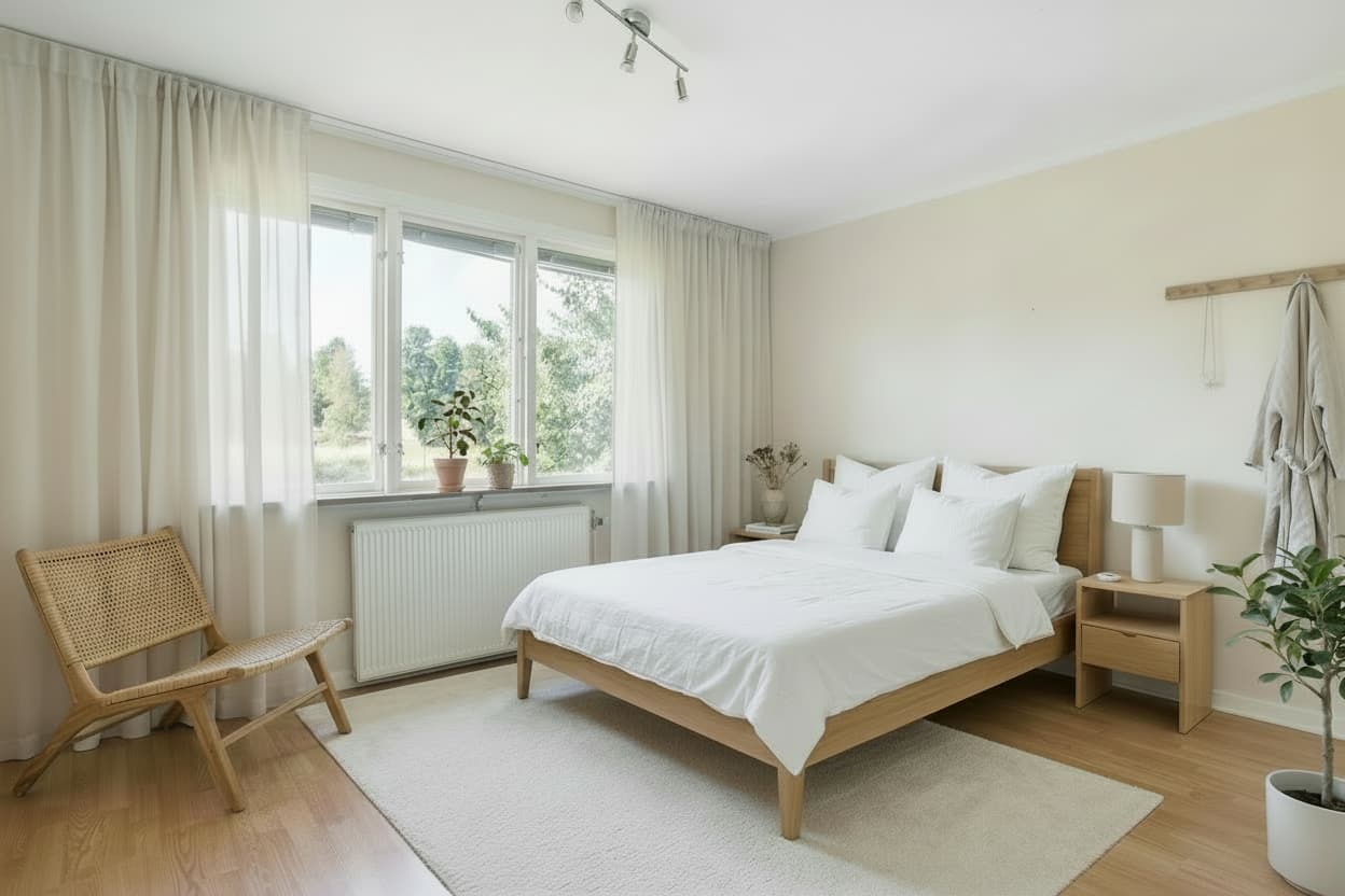 Skandinaviskt sovrum efter AI homestaging, professionellt stylat med moderna möbler och inredning på 5 minuter