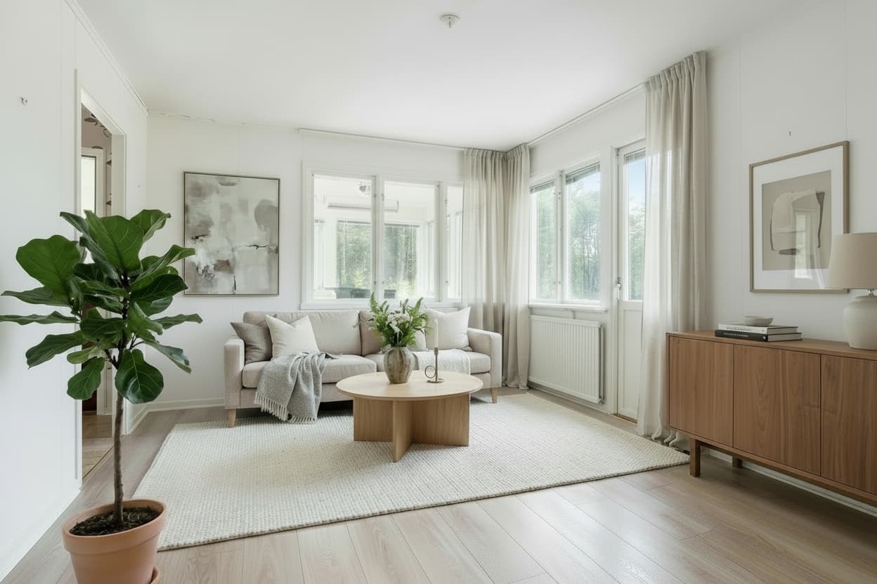 Modernt vardagsrum efter AI homestaging, professionellt stylat med moderna möbler och inredning på 5 minuter