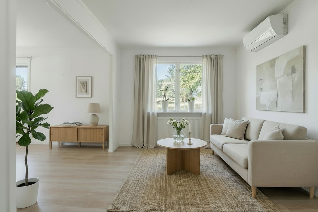 Ljust och luftigt vardagsrum efter AI homestaging, professionellt stylat med moderna möbler och inredning på 5 minuter